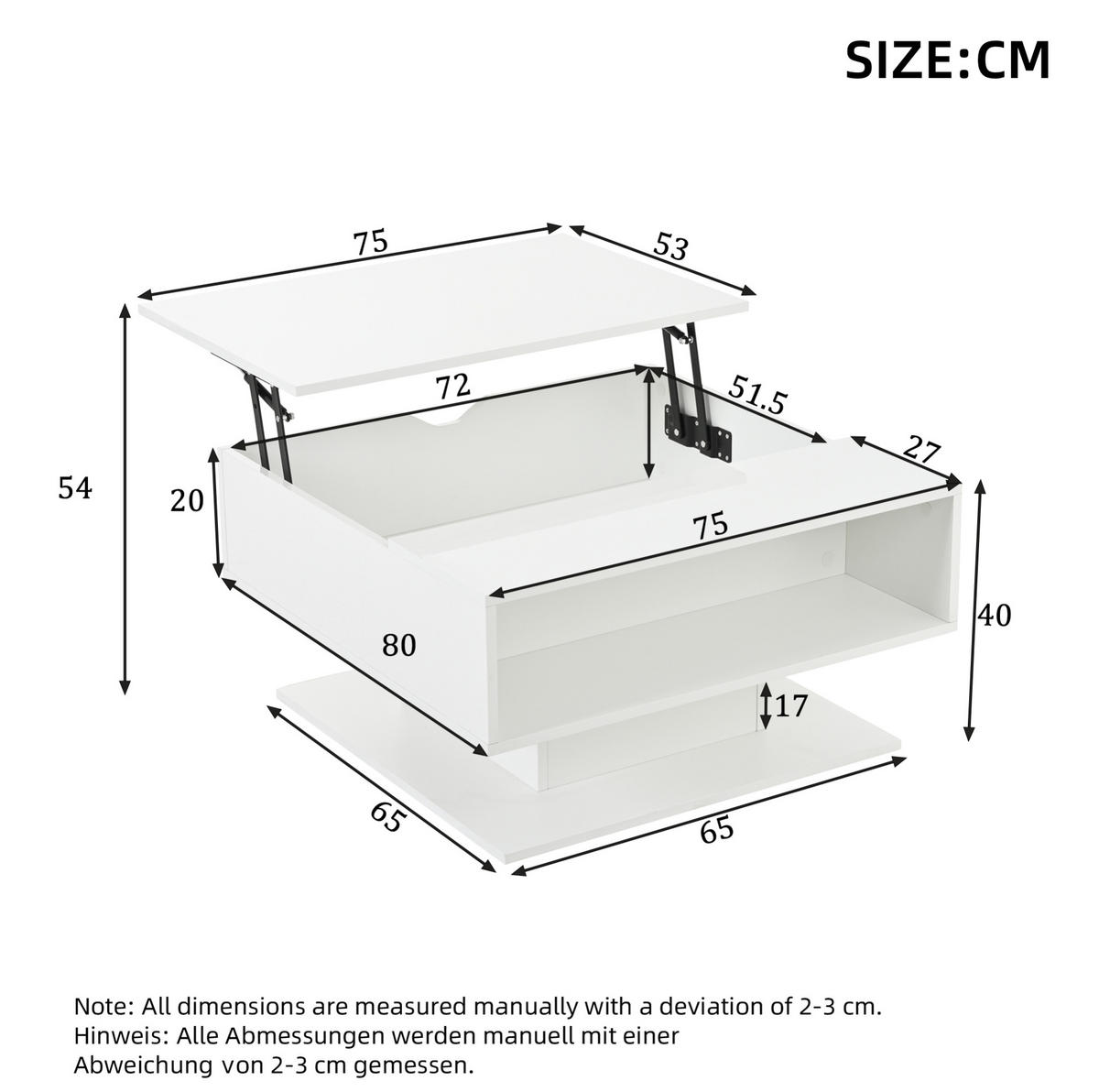 COUCHTISCH 80/75/40 cm mit höhenverstellbarer Tischplatte, LED-Beleuchtung und Stauraum, Weiß - Weiß, Holzwerkstoff (80/75/40cm) - Redom