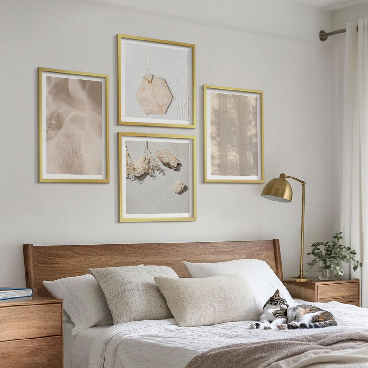 BILDER SET 4er Set - 50x50 cm & 40x60 cm Goldrahmen - Dezente Boho-Naturtexturen - Goldfarben, Kunststoff (50/50cm) - TULUP
