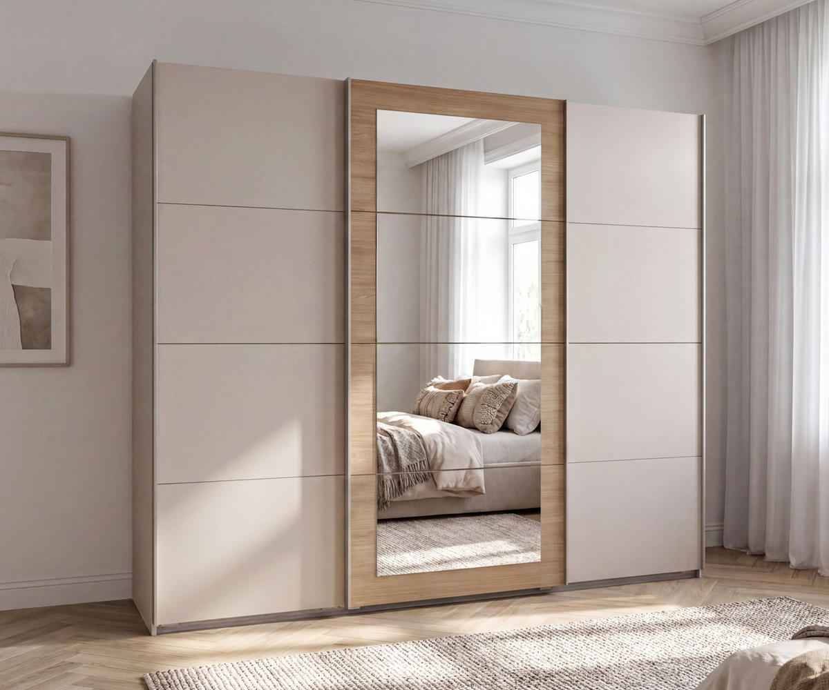 SCHWEBETÜRENSCHRANK 3-türig B270/H208/64 cm Kleiderschrank in Beige Grau, Spiegel umrahmt in Eiche Natur, Griffe Beige Grau / 22628 - Beige, Holzwerkstoff/Metall (270/208/64cm) - luma-home