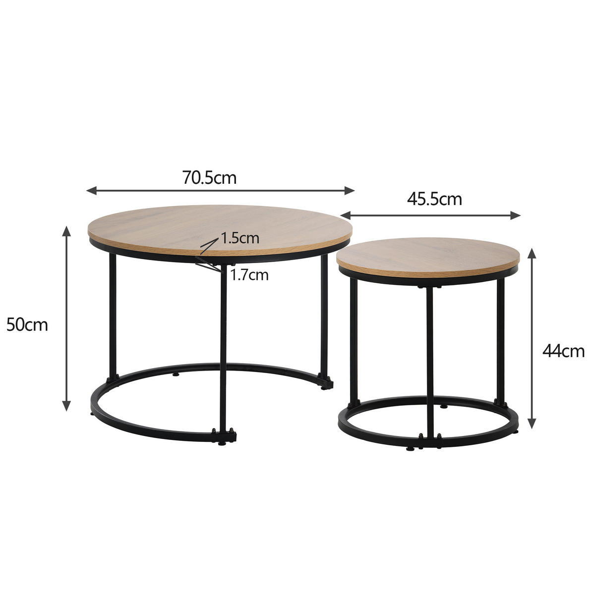COUCHTISCH 2er-Set 70,5/50 und 44/45,5 cm in Eichefarben mit Metallgestell - Naturfarben, Holzwerkstoff (70.5/70.5/50cm) - Flora Grace