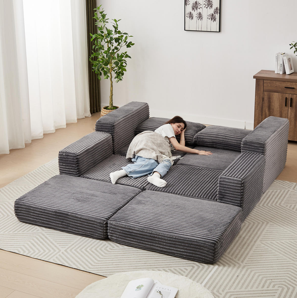 SOFA-BETT modular mit Fußstütze Cord Grey - Grau, Kunststoff (169.5/194cm) - Meubliv