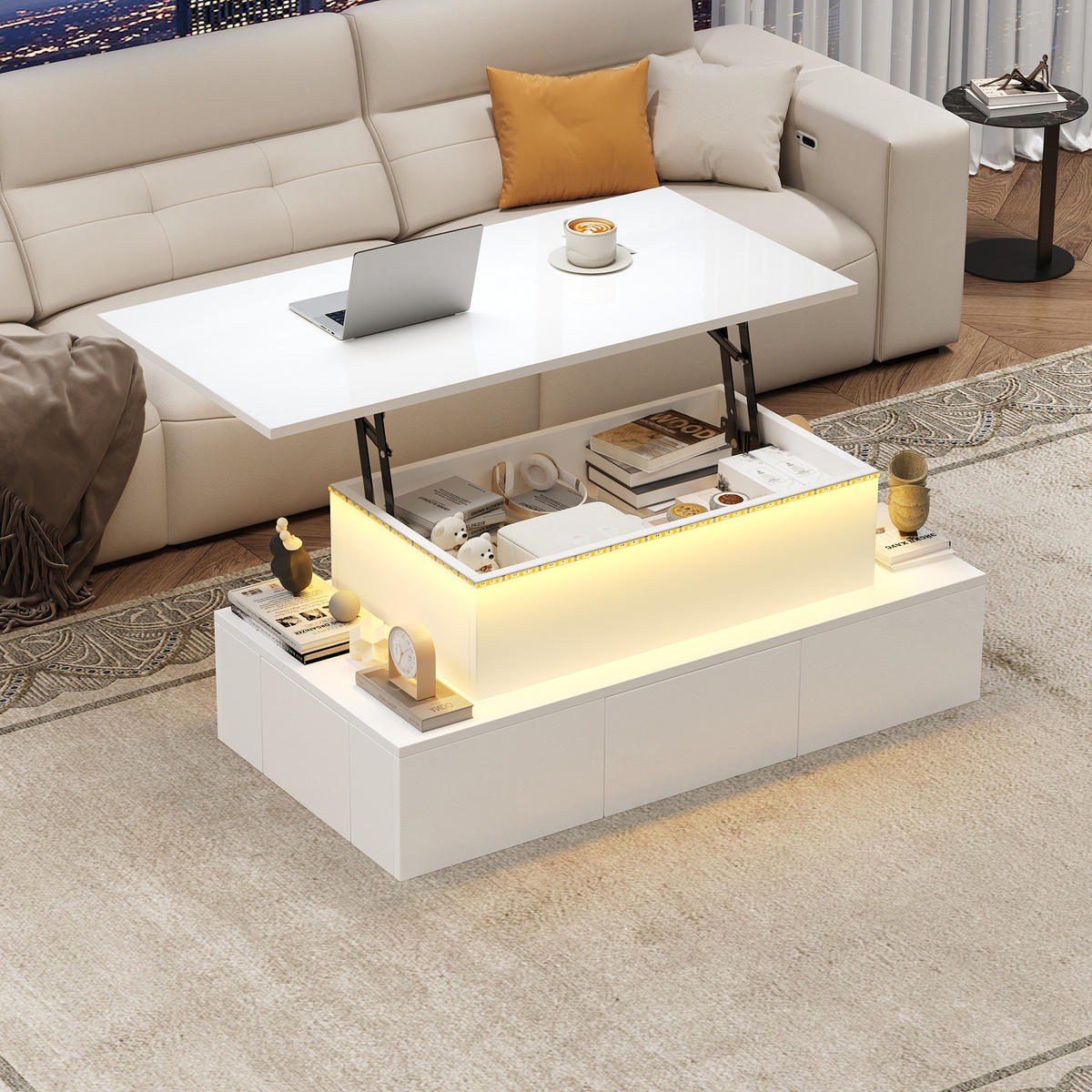 COUCHTISCH 100x50x40 cm Weiß LED Lift 4 Schubladen Stauraum - Weiß, Holzwerkstoff (100/50/40cm)