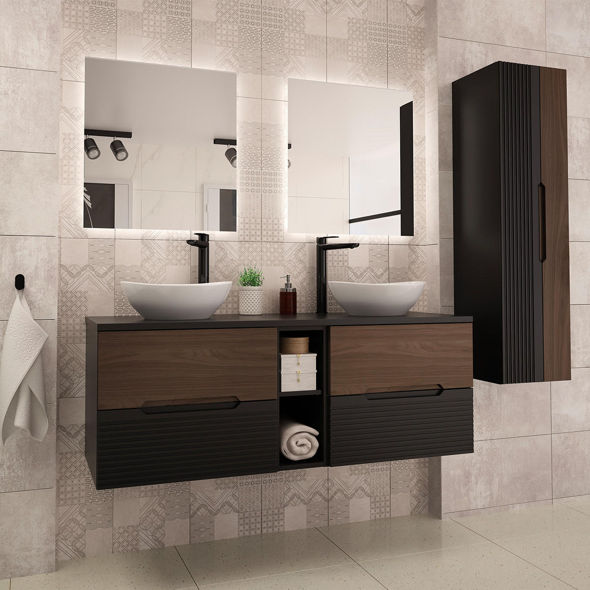 BADMÖBEL 140.6cm Sylla 2er-Set Schwarz und Holz - Schwarz, Holzwerkstoff (140.6/52.2/45.8cm) - Petits-meubles