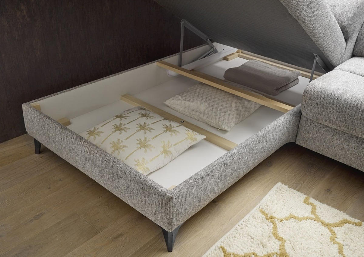 ECKSOFA mit Schlaffunktion und Bettkasten, Luxus-Mikrofaser - Taupe/Schwarz, Textil/Metall (282/198cm) - ed exciting design