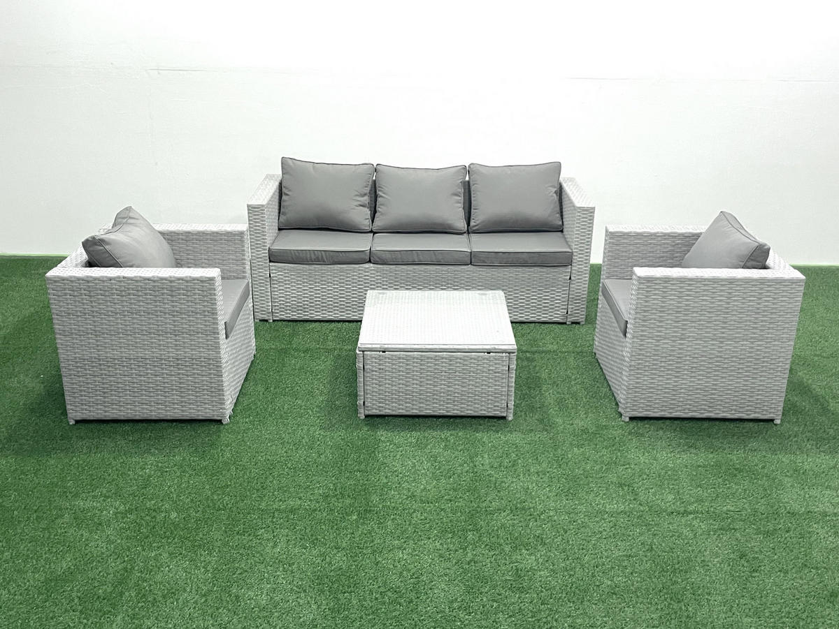 GARTENMÖBEL-SET mit Kissen Polyrattan Hellgrau-Mix 5-Sitzer - Hellgrau/Grau, Glas/Kunststoff - Fimous