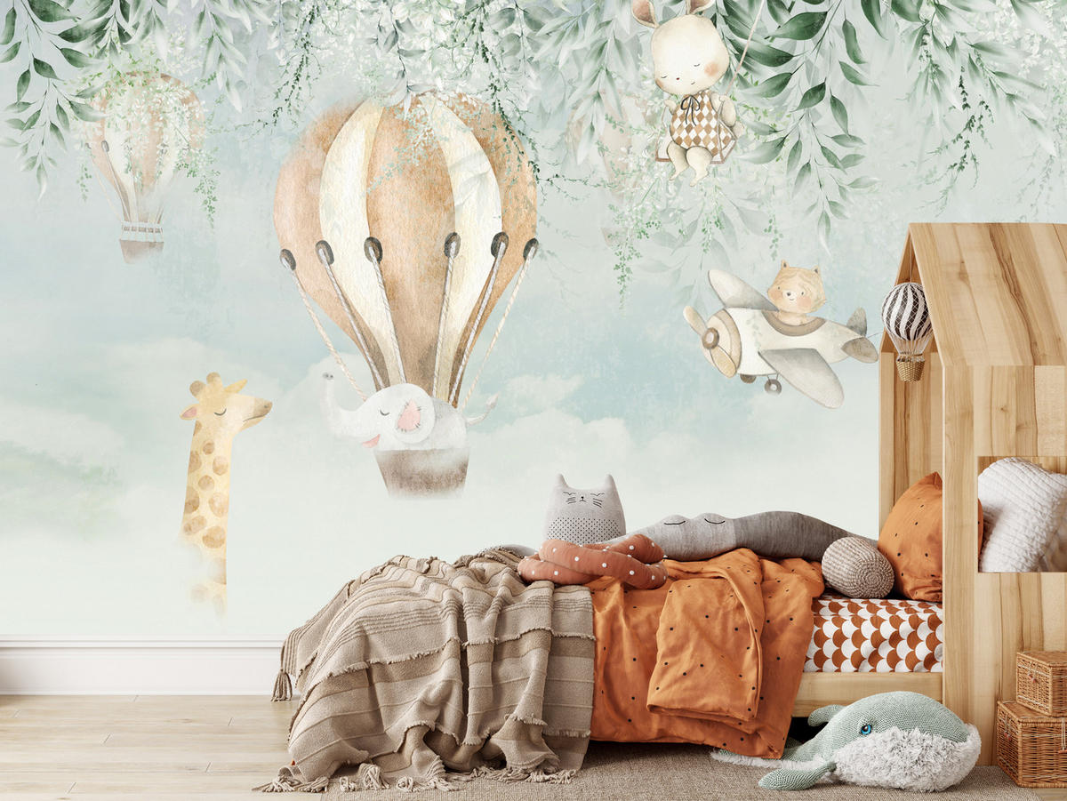 FOTOTAPETE für Kinderzimmer Tiere Wolken Ballons Giraffe Elefant 300x210 - Beige/Braun, Papier (300/210cm) - Muralo