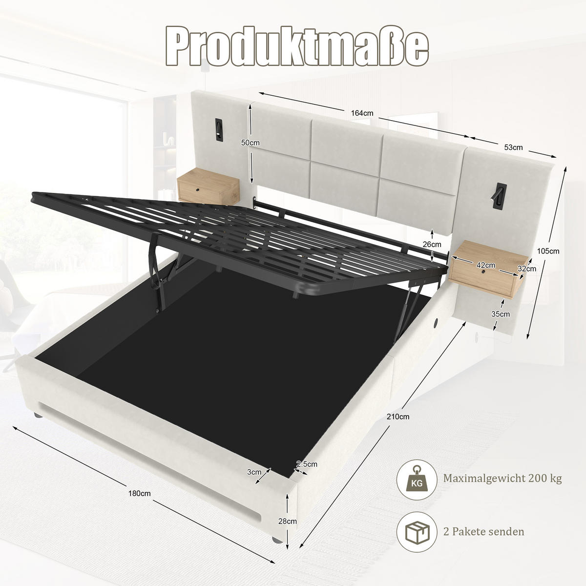 POLSTERBETT Doppelbett 180x200cm mit Nachttischen, Funktionsbett Samt mit LED und USB, Beige - Beige, Holz/Textil (180/200cm) - LVHOM