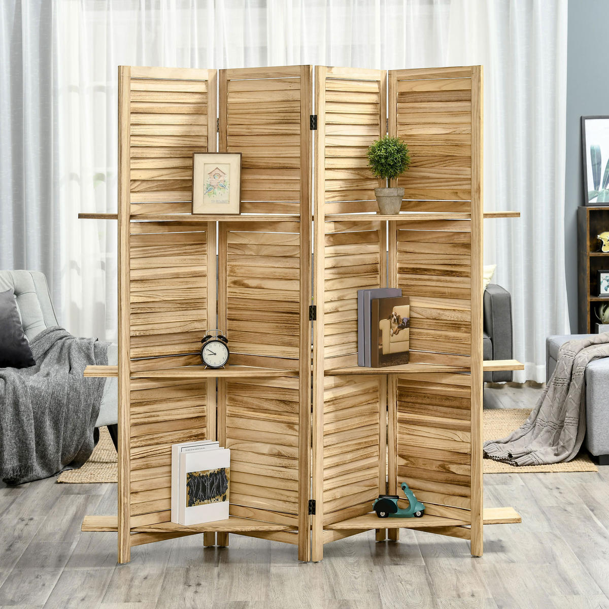 PARAVENT DE-14245 4-teilig, 3 Regalböden, klappbar Natur - Naturfarben, Holzwerkstoff (162/170/1.8cm) - ComfortXL