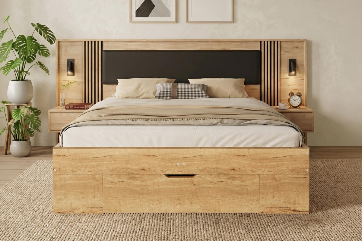 BETT 180/200 cm in Natur mit Bettkasten, Leselampe und Nachttischen - Naturfarben, Holzwerkstoff (180/200cm) - CHICFURN