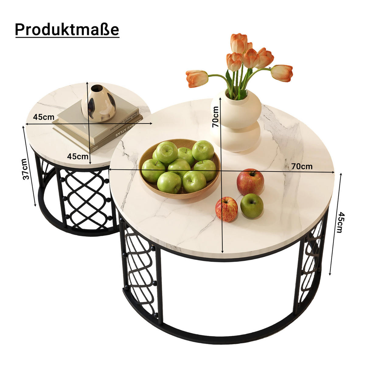 COUCHTISCH 2er-Set in Marmoroptik mit Metallgestell - Weiß, Holzwerkstoff (70/70/45cm) - MIVRAY