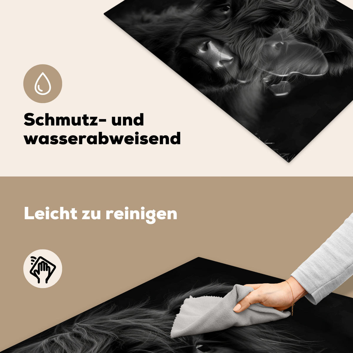 HERDABDECKPLATTE Scottish Highlander - Schwarz - Kalb - Kuh Induktionsmatte 77x51 cm - Schwarz, Kunststoff (77/51/0.2cm) - MuchoWow