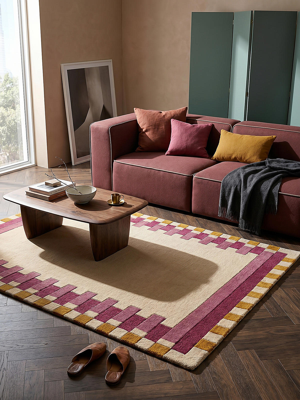 WOLLTEPPICH Geometrisches Muster, Rahmen, Wohnzimmer schmutzabweisend Rosa-Gelb Rechteckig 160x230 - Rosa, Textil (160/230cm) - KADIMA DESIGN
