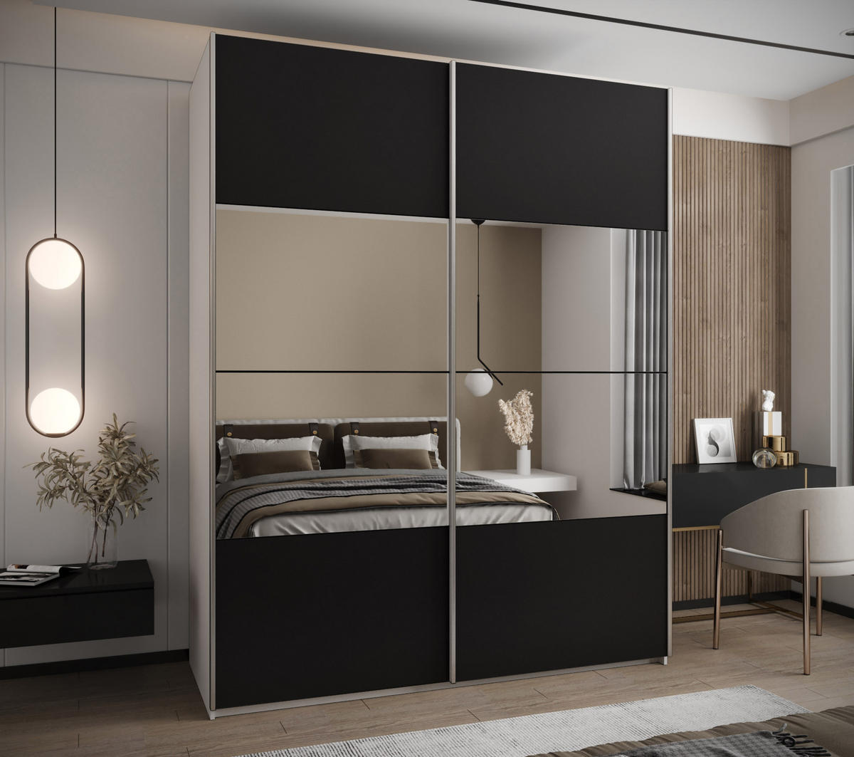 SCHWEBETÜRENSCHRANK 245,5/200/64 2-türig - Silberfarben/Schwarz, Holz/Metall (200/245/64cm) - Abiks Möbel