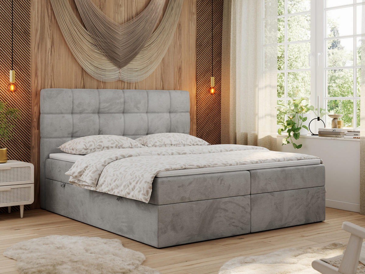 BOXBETT ERNI 180/200 - Hellgrau Velvet - H3 - Hellgrau, Holz/Textil (180/200cm) - MKS