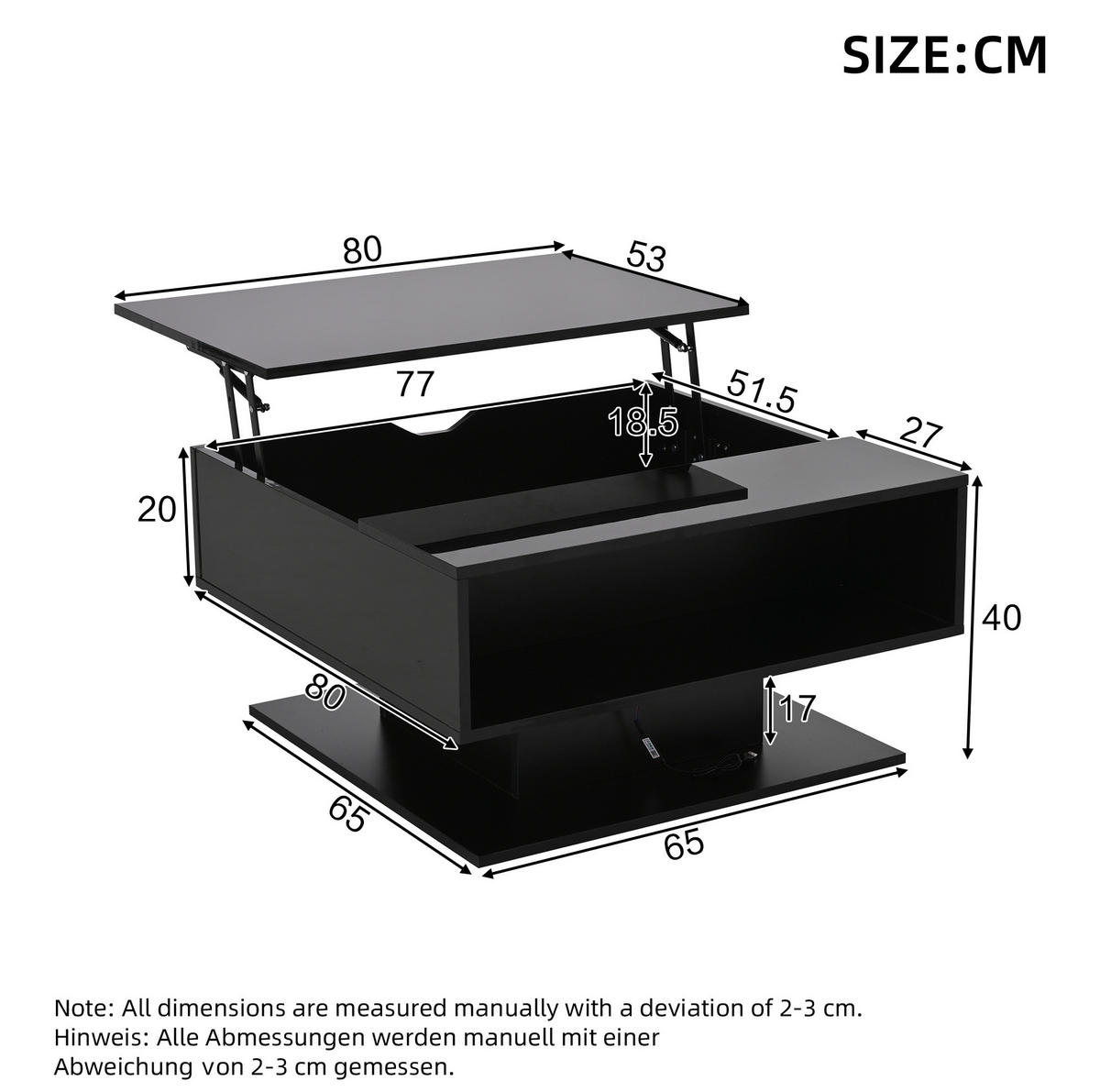 COUCHTISCH mit Ablage 80/75 cm höhenverstellbar mit LED-Beleuchtung in Schwarz - Schwarz, Holzwerkstoff (80/77/40cm) - BEAOK