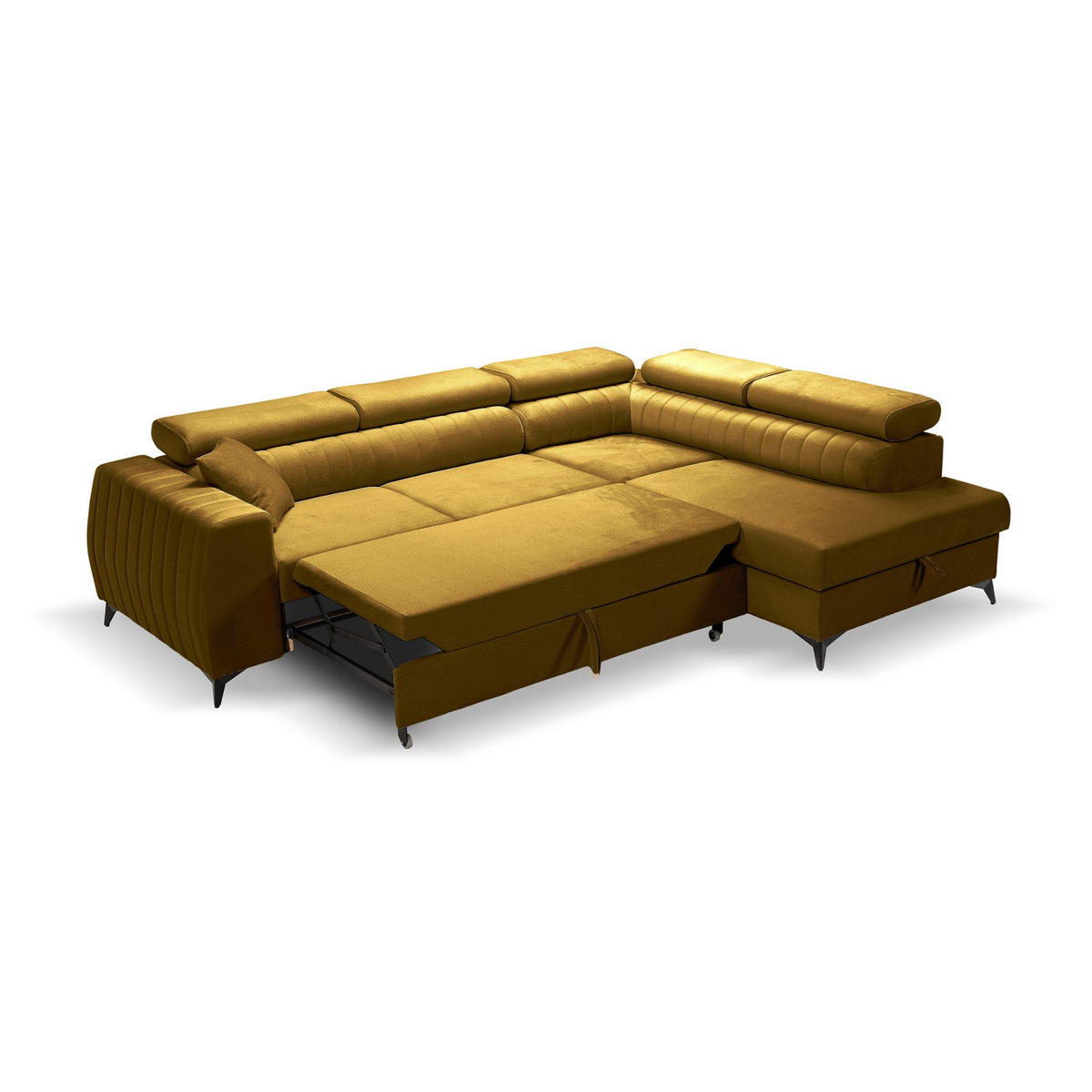ECKSOFA PIERO L Rechts mit Schlaffunktion 195x125 Velours Gold - Goldfarben/Schwarz, Holz/Textil (203/268cm) - Muffo