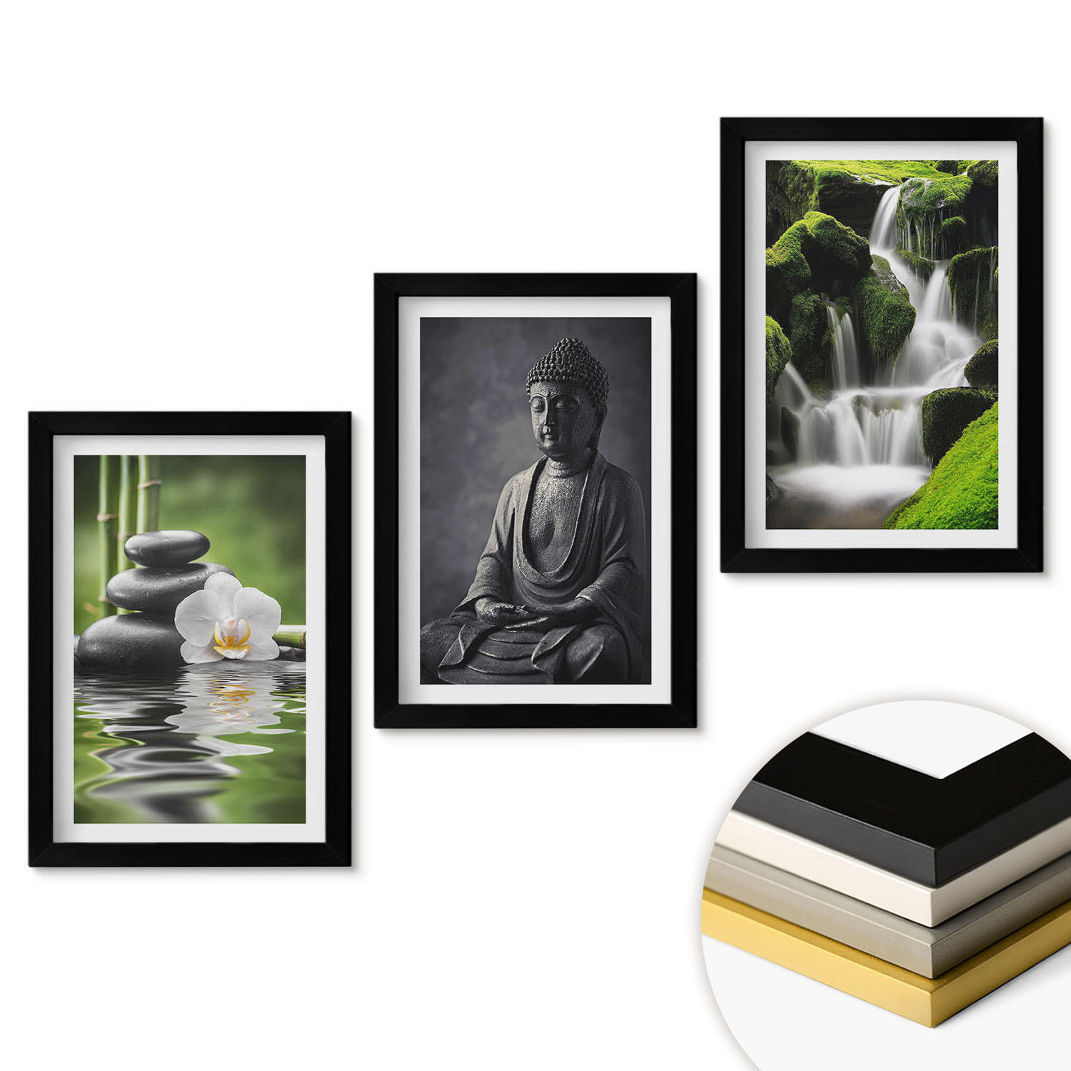 WANDBILDER 3er-Set - 20x30 cm Schwarzer Rahmen - Entspannende Zen-Wassermalerei - Schwarz, Kunststoff (20/30cm) - ArtPrintCave