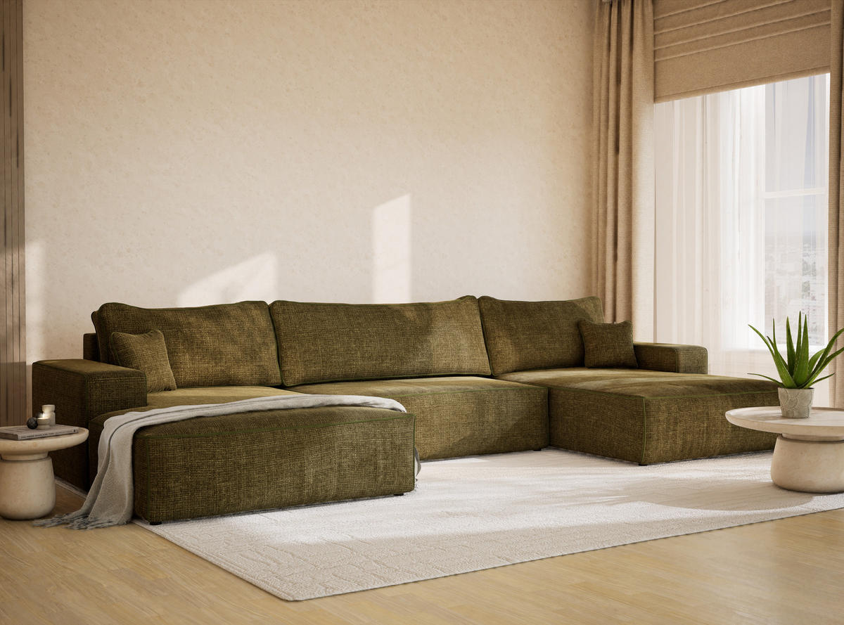 WOHNLANDSCHAFT Deseo Olivgrün Chenille-Stoff - Schwarz/Olivgrün, Holz/Holzwerkstoff (398/70/148cm) - Maison de Reve