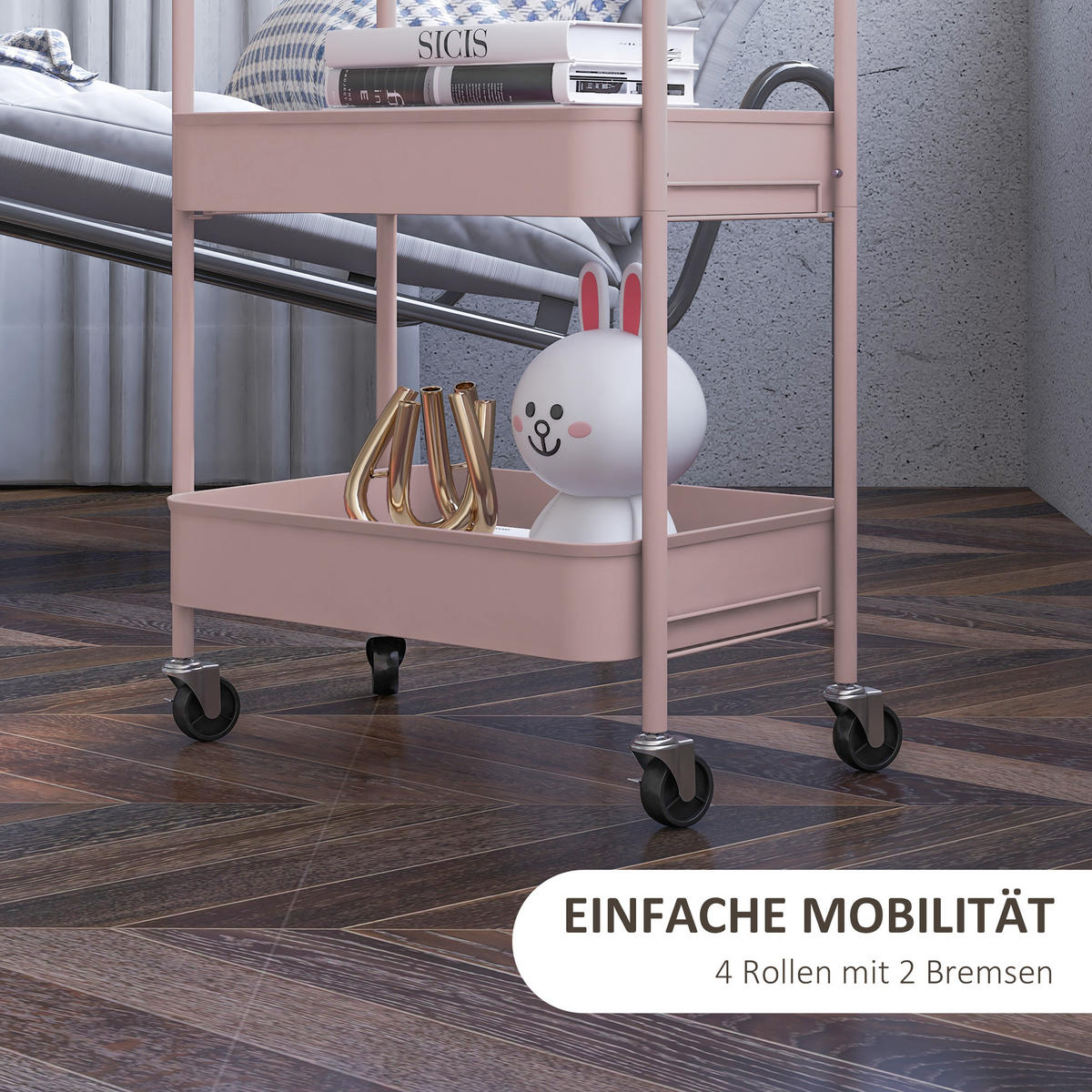 SERVIERWAGEN Rollwagen mit 3 Etagen, für Küche, Wohnzimmer, Stahl, Rosa - Rosa, Metall (30.6/79/45cm) - HOMCOM