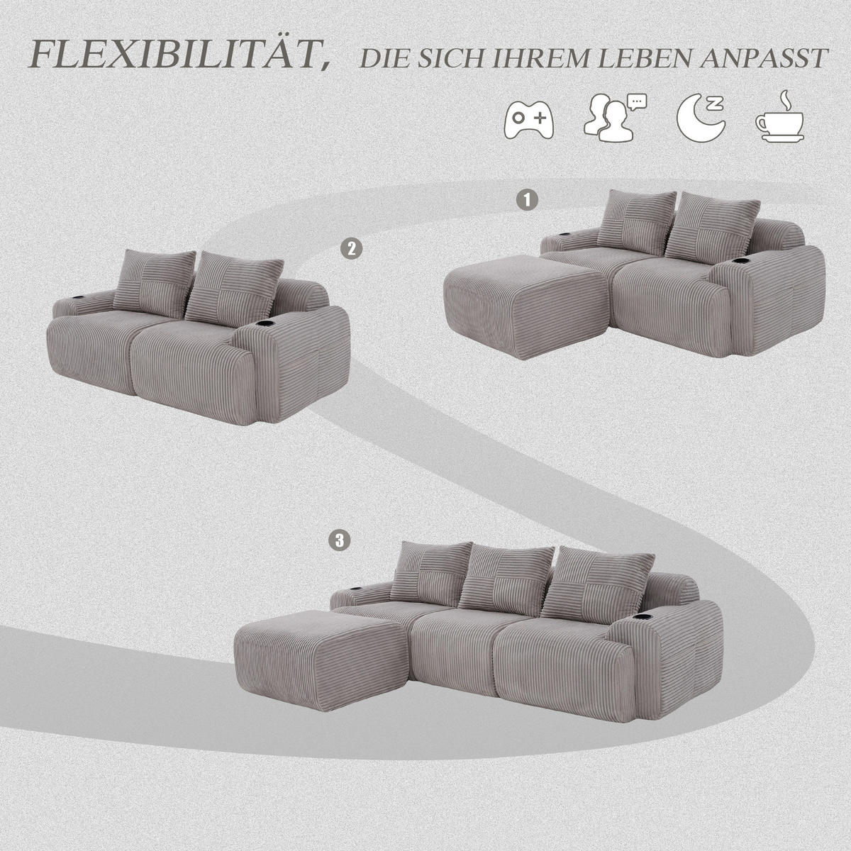 MODULARES 3-Sitzer Sofa Cordstoff mit Getränkehalter und Seitentasche 268/174/80 cm Hellgrau - Hellgrau, Textil (174/268cm) - Redom