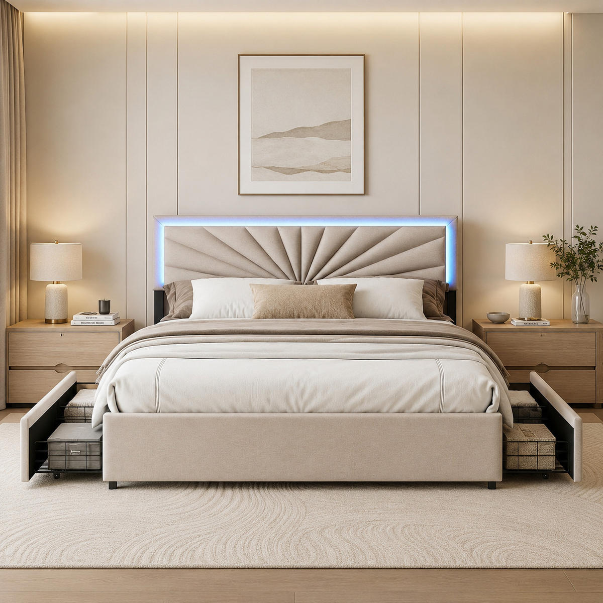 POLSTERBETT 160x200 cm Beige mit LED und Schubladen - Beige, Holz/Metall (160/200cm) - Joyfair