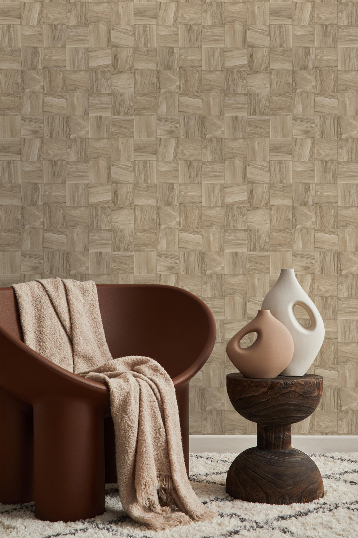 TAPETE quadratische Holzstücke 50 x 900 cm - Beige, Papier (50/900cm) - Origin Wallcoverings