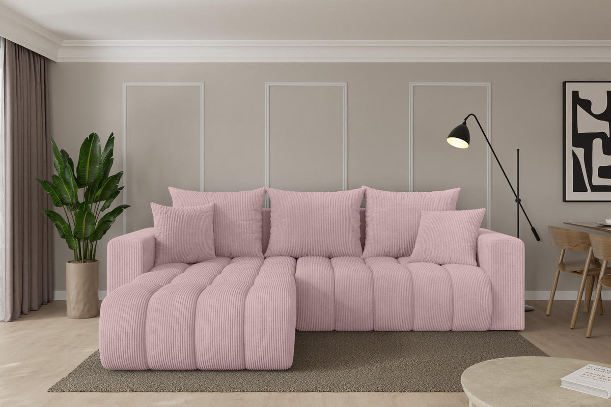 ROHOVÁ SEDAČKA s funkcí spaní, otoman vlevo MILA-L-v1 277x195x86 růžová manšestr - růžová/černá, kompozitní dřevo/textil (277/194cm) - ALTDECOR