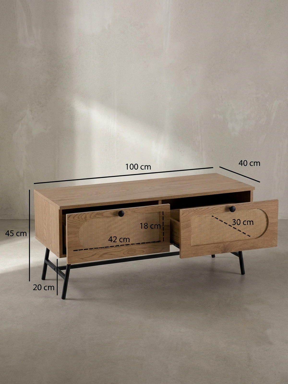 LOWBOARD Eiche-Dekor Rattan Modern Stil 100x45x40 cm mit Schubladen - Schwarz/Braun, Holzwerkstoff/Metall (100/45/40cm) - KADIMA DESIGN