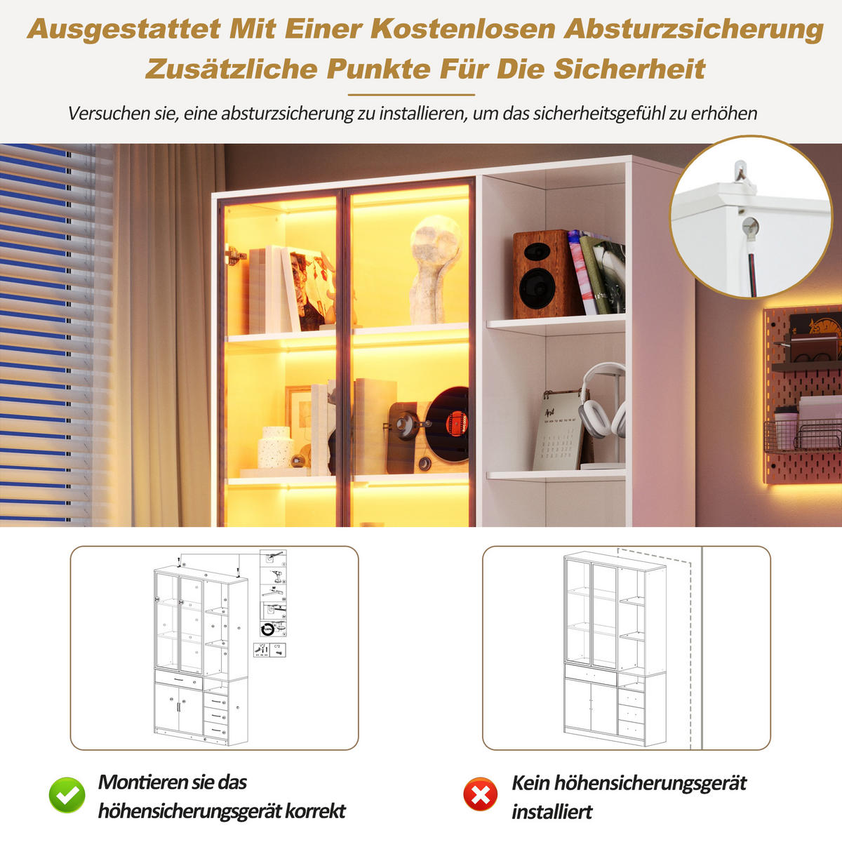 VITRINE in Weiß Hochschrank mit Glasvitrine, Schubladen und LED, 120/35/200cm, für Esszimmer und Wohnzimmer - Transparent/Weiß, Glas/Holzwerkstoff (120/200/35cm) - STILVORA