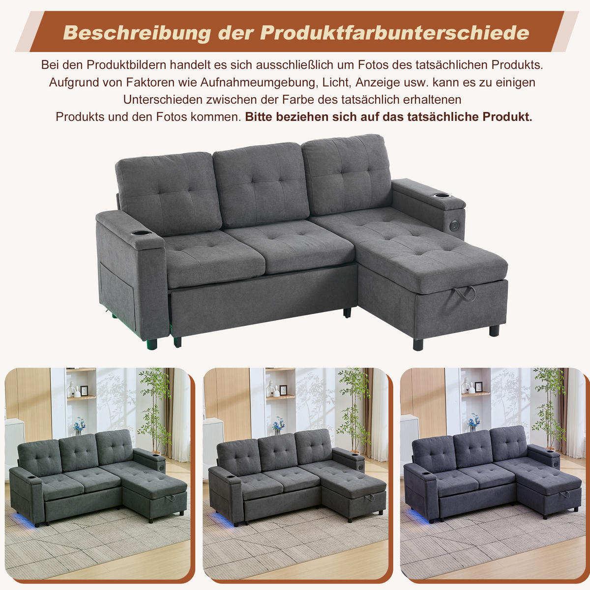 SCHLAFSOFA, Stoff mit Stauraum & LED-Lichtleiste, 208/146/89,5 cm, Grau - Grau, Textil (146/89.5/208cm) - Redom