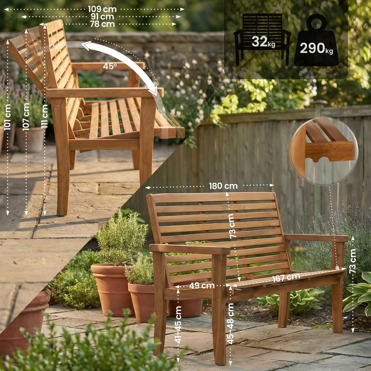 TEAKBANK Peter Liegefunktion 180x78x111cm Teakholz Teak Gartenbank - Teakfarben, Holz (180/111/78cm) - DELUKE