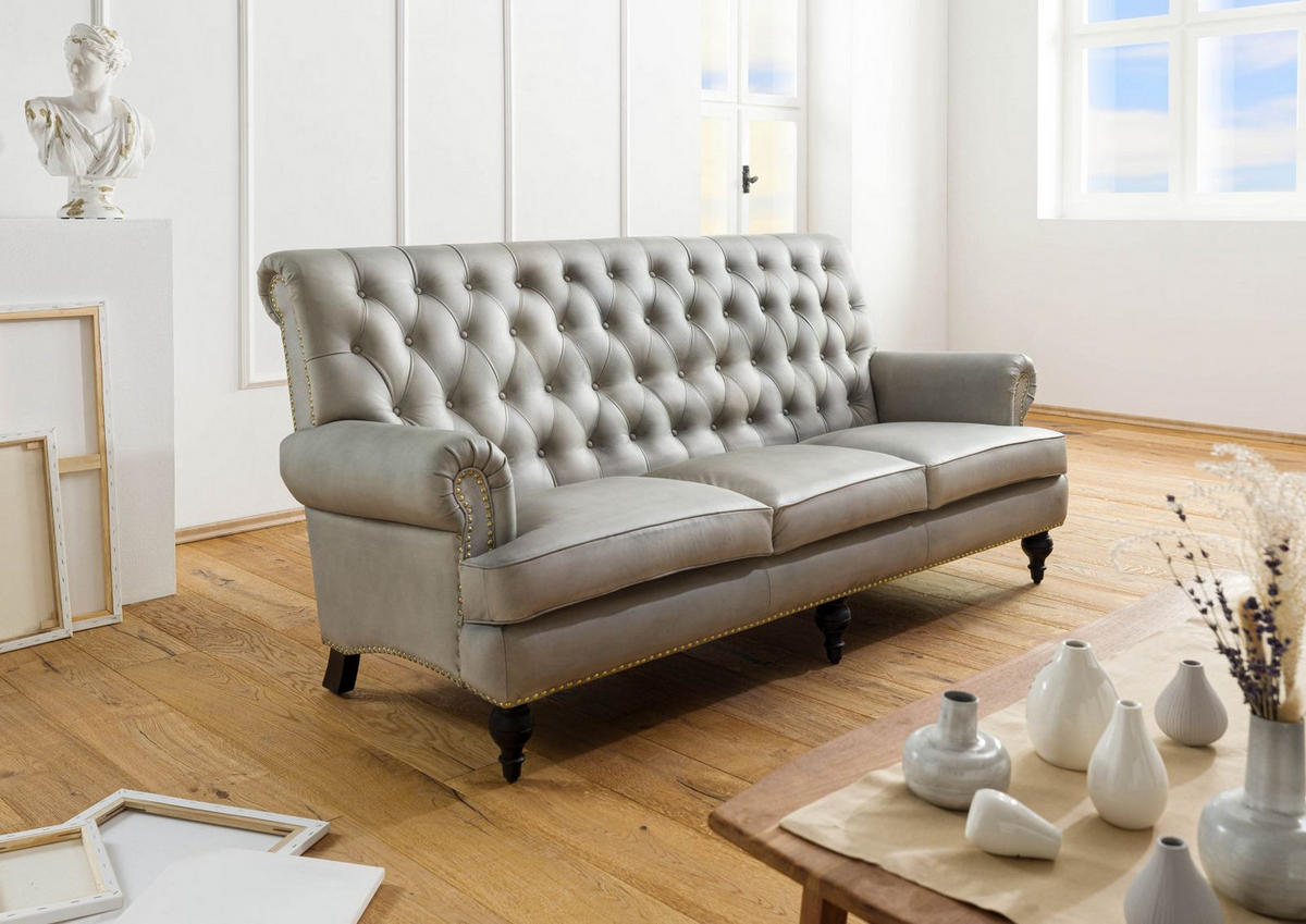 SOFA 3-Sitzer Echtleder 196x84x94 grau CHESTERFIELD #207 - Grau, Leder (196/94/84cm) - Massivmoebel24