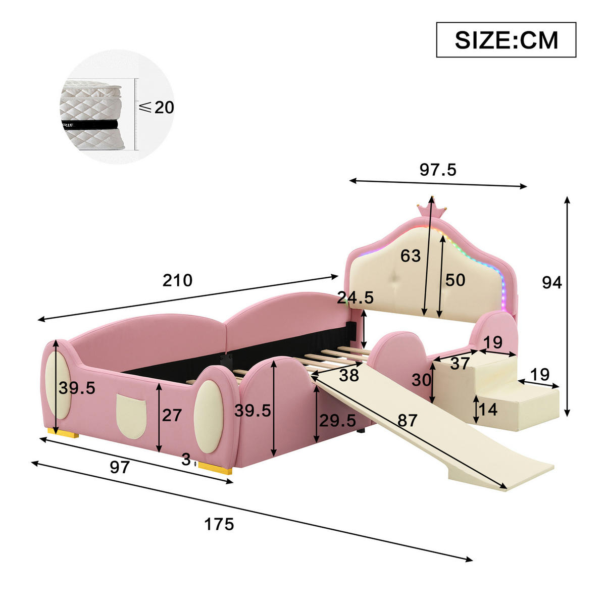 KINDERBETT 90/200 cm mit Rutsche, Treppe und LED – Polsterbett in Rosa/Beige - Rosa, Kunststoff (90/200cm) - BEAOK