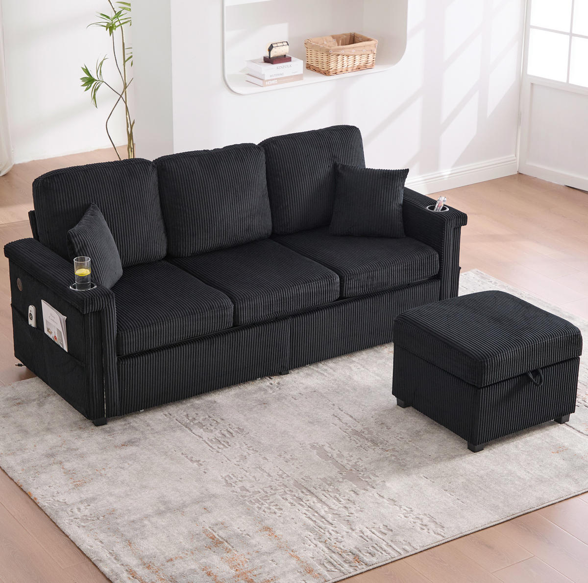 SOFA mit LED und USB/Type-C ca. 194 x 73 x 81 cm Corduroy Schwarz - Schwarz, Kunststoff (194/81/73cm) - Meubliv