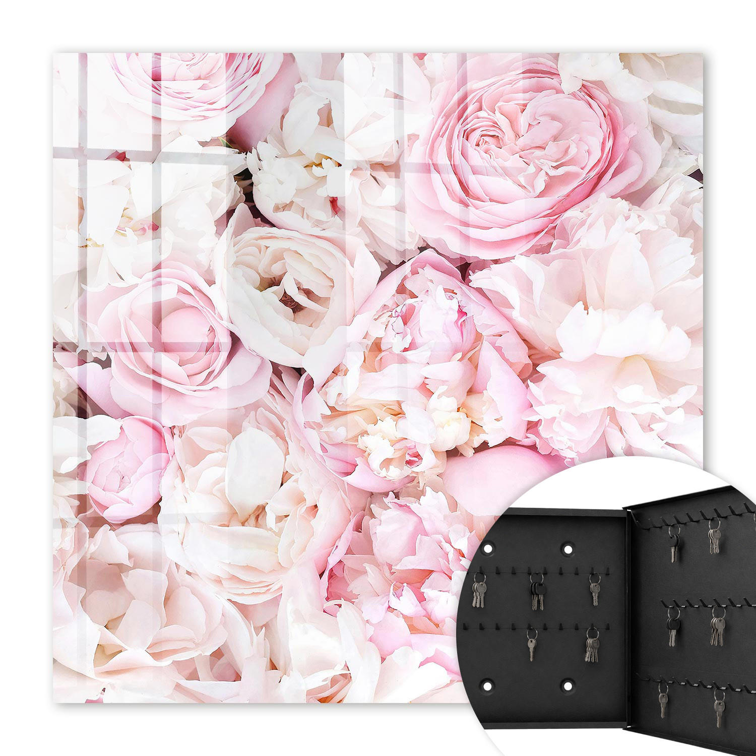 SCHLÜSSELBOX Schwarz 30x30 cm- Türöffnung nach rechts - Pastellblumen - Pink, Metall (30/30/5cm) - TULUP