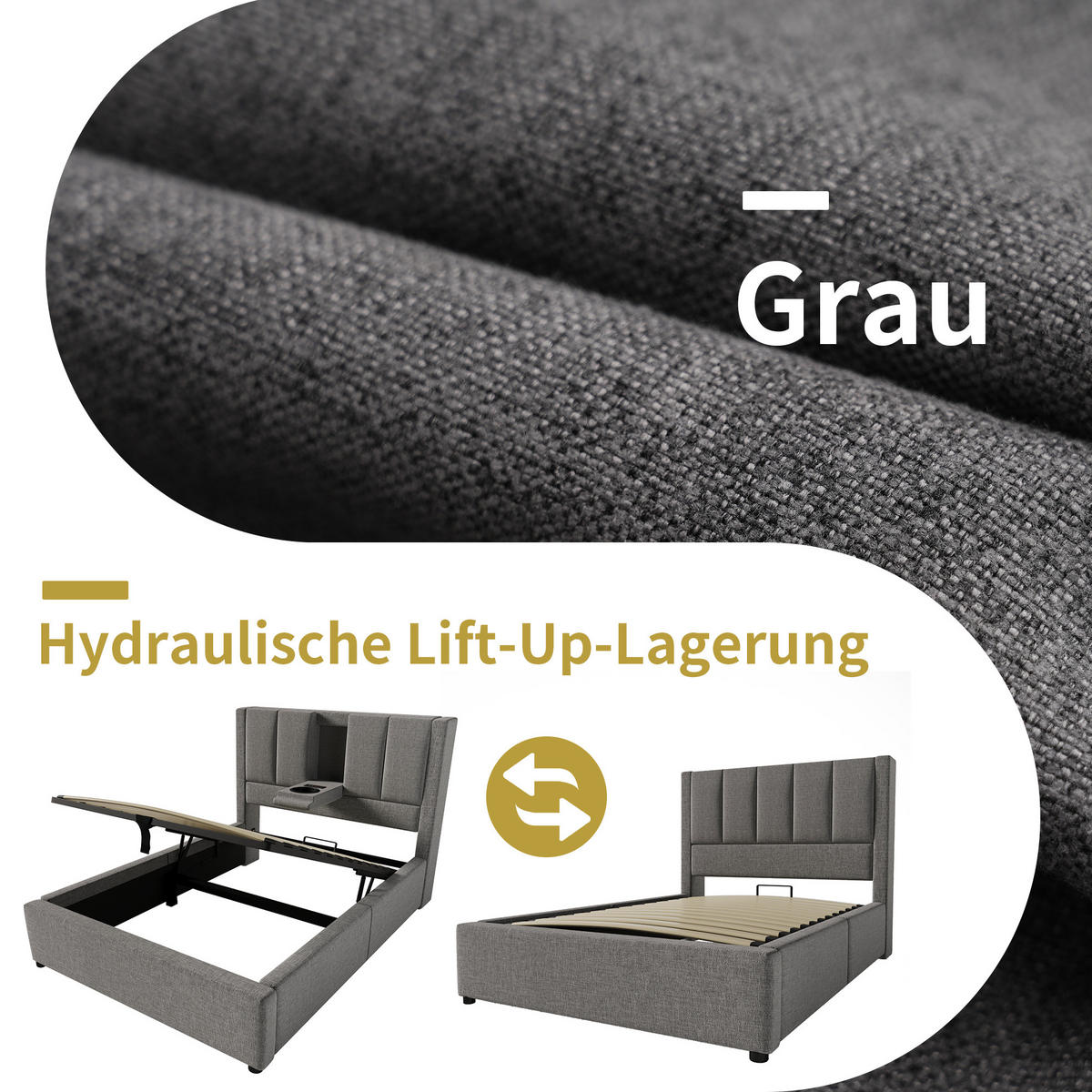 POLSTERBETT 90/200 cm Grau aus Leinen mit Stauraum - Grau, Textil (90/200cm) - OKMYHOME