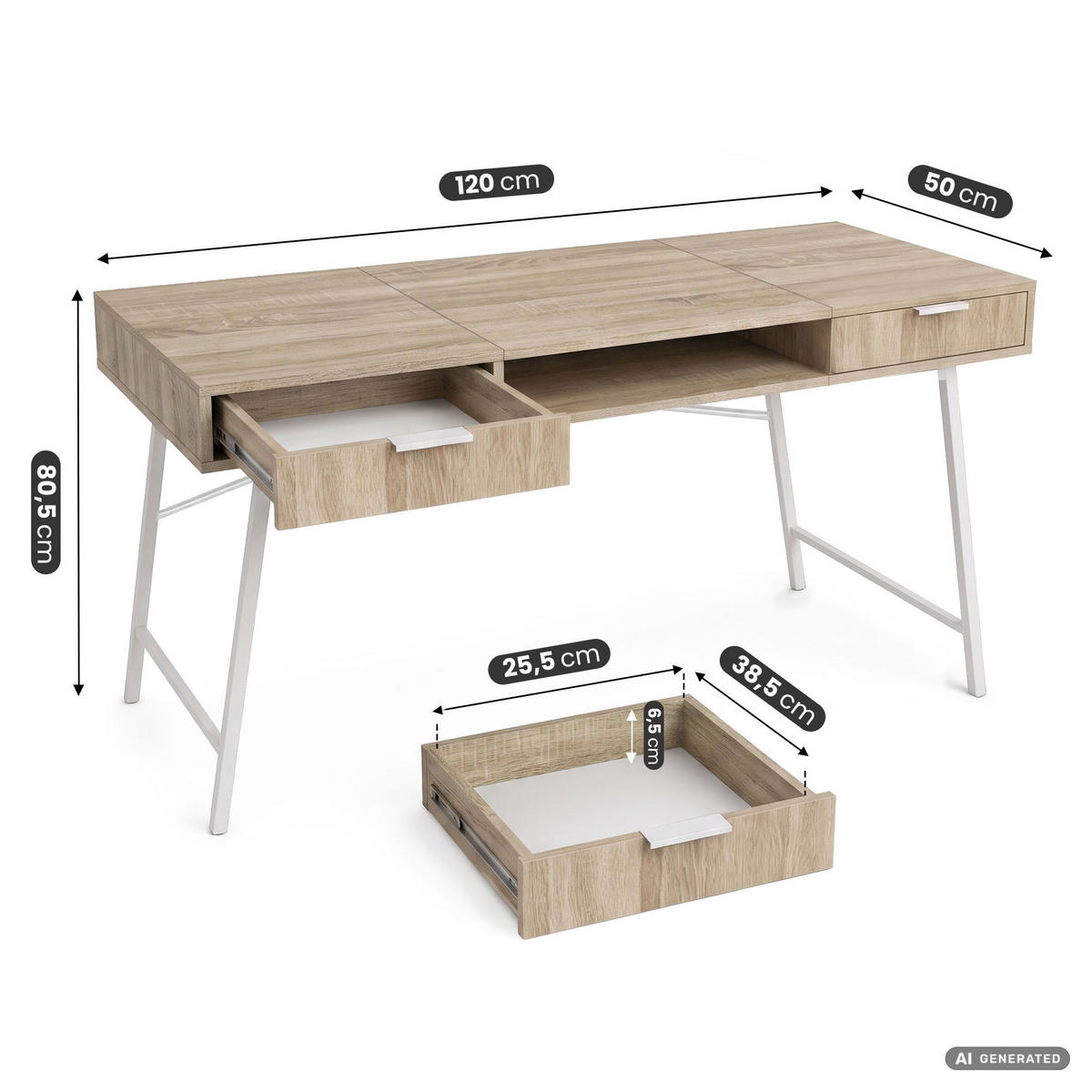 SCHREIBTISCH ARDEN 120 cm Sonoma Eiche - Weiß/Sonoma Eiche, Holzwerkstoff (120/50/80.5cm) - Akord