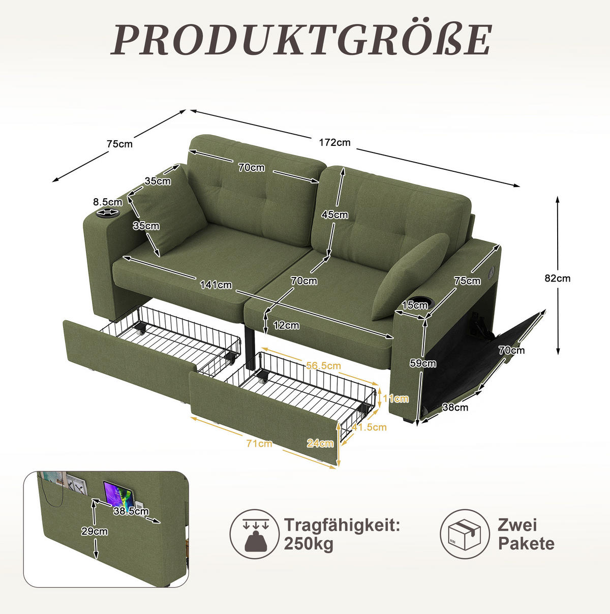 2-SITZER-SOFA 172/75/82 cm mit USB-Anschlüssen, Stauraumschubladen, Getränkehaltern und Seitentaschen, Olive - Salbeigrün, Textil (172/82/75cm) - Redom