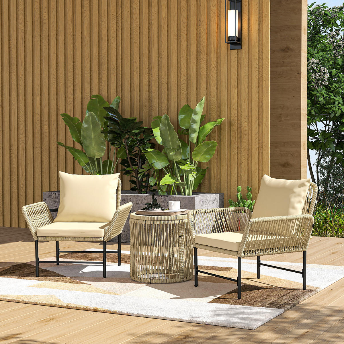 POLYRATTAN Gartenmöbel Set, Outdoor Lounge Balkonmöbel für 2 Personen Khaki - Beige/Schwarz, Textil/Metall - Outsunny