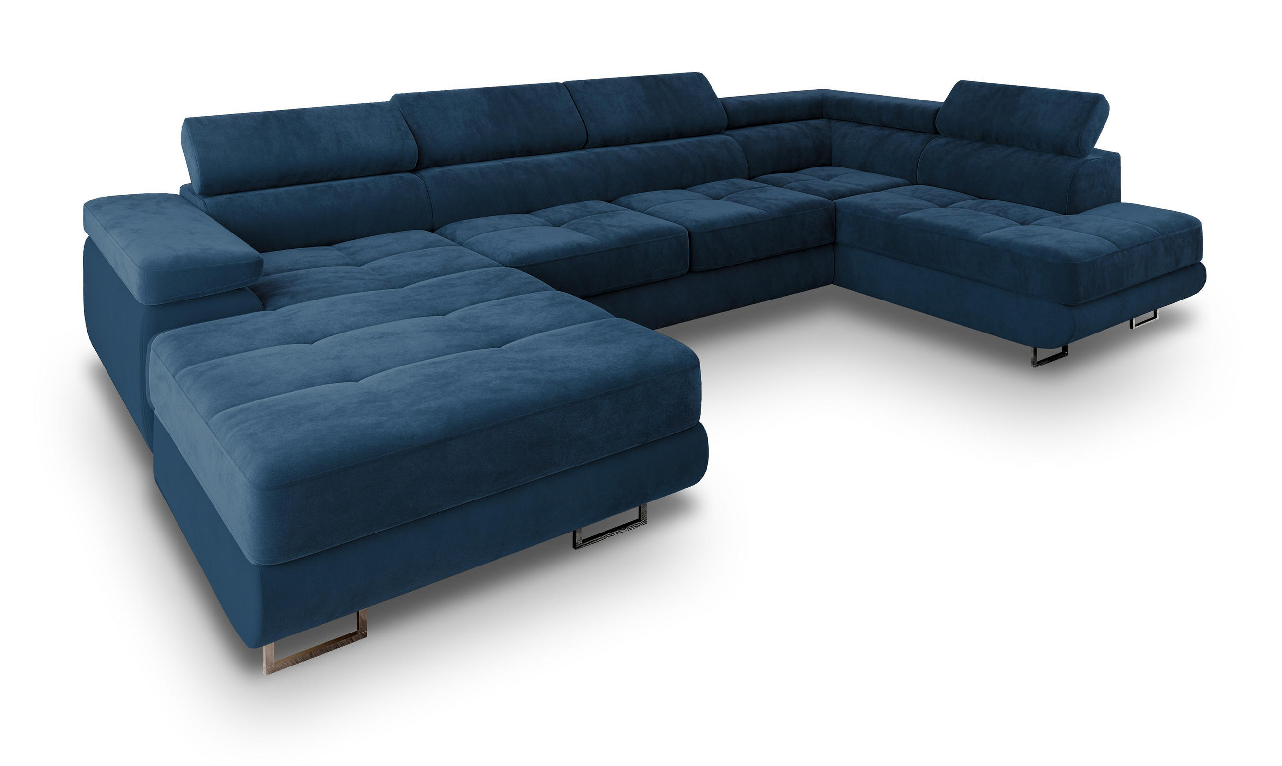 WOHNLANDSCHAFT CASONE R-S Blau Velours-Stoff mit Schlaffunktion - Blau, Holz (345/90/202cm) - MASSENO