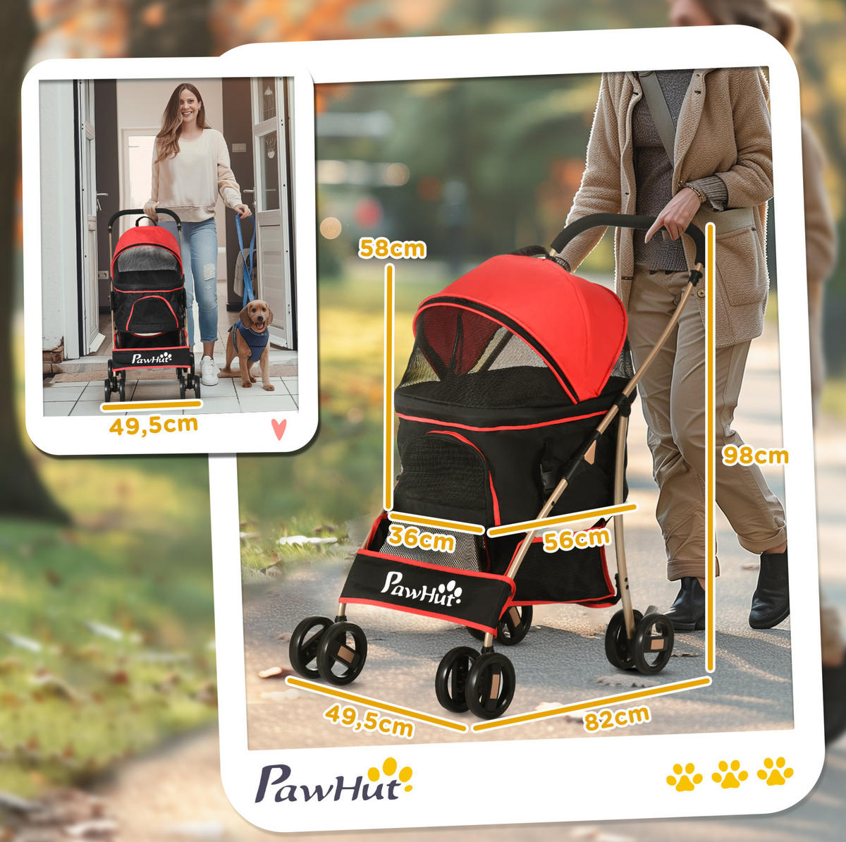 HUNDEWAGEN 2-in-1 faltbar in Rot mit Tragetasche und Bremsen - Rot, Textil (49.5/98/82cm) - BEAOK