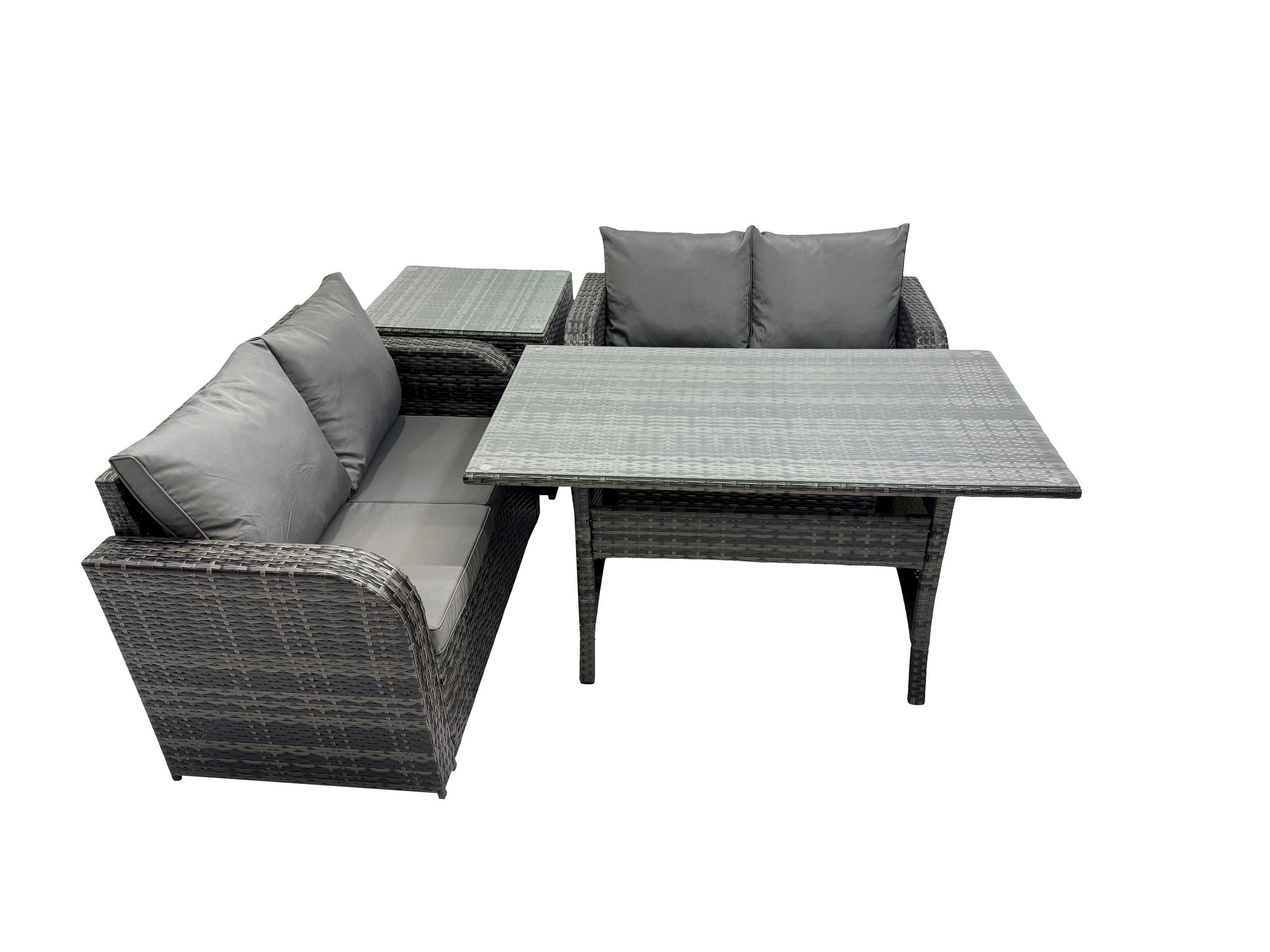 GARTENSET mit Zweisitzer,Esstisch Polyrattan 4-Sitzer - Dunkelgrau/Grau, Glas/Kunststoff - Fimous