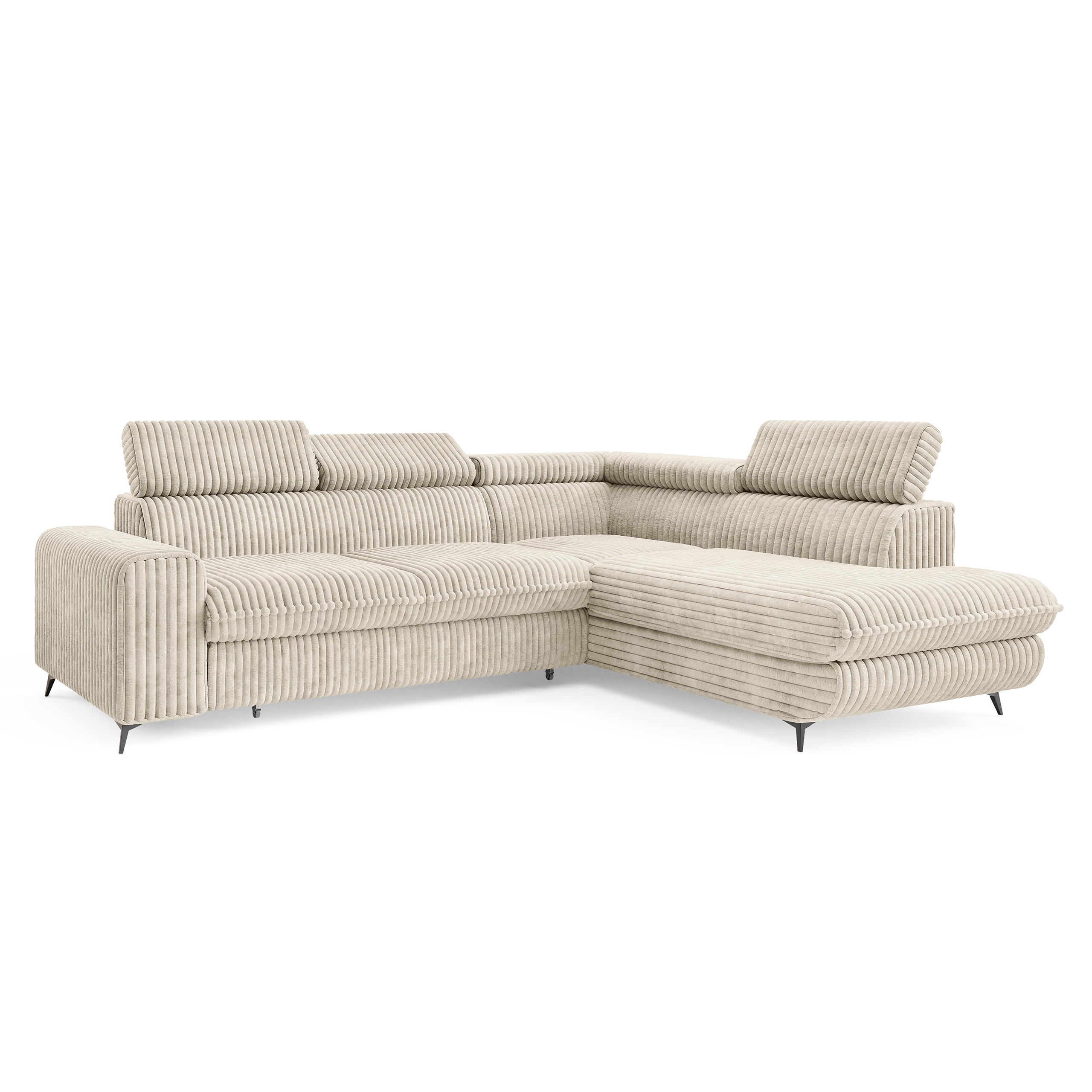 ECKSOFA VELISS Creme Kordstoff mit Schlaffunktion - Creme, Holz (255/193cm) - MASSENO