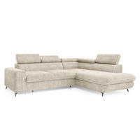 ECKSOFA VELISS Creme Kordstoff mit Schlaffunktion - Creme, Holz (255/193cm) - MASSENO