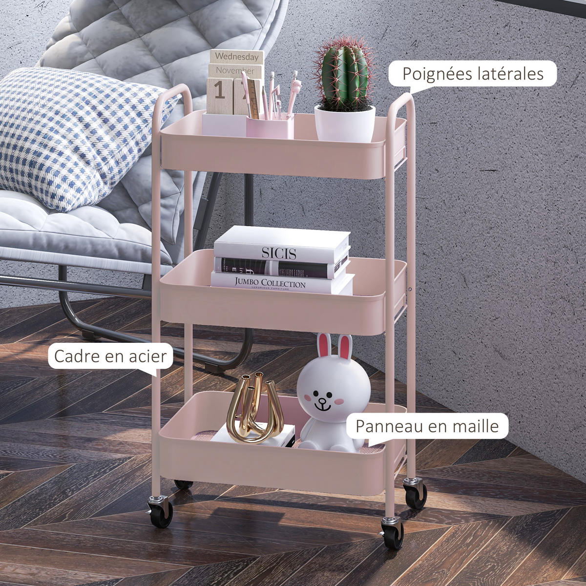 SERVIERWAGEN DE-12486 3 Gitterablagen 45/30,6/79 cm Rosa - Pink, Metall (30.6/79/45cm) - ComfortXL
