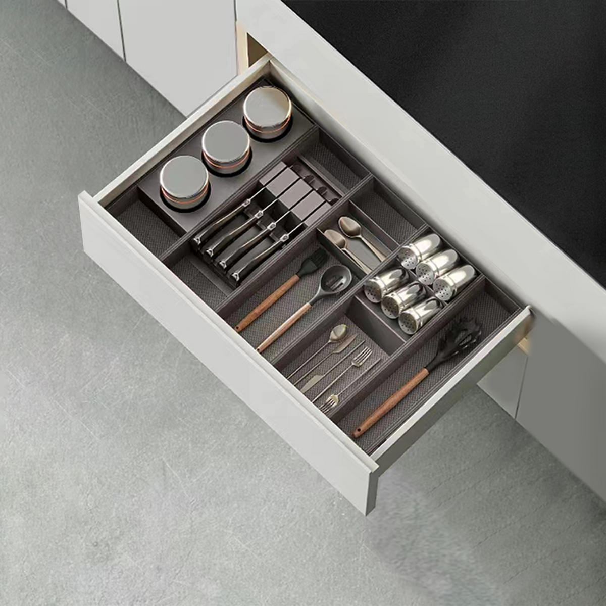 MESSEREINSATZ Orderbox für Schublade, 150x470mm, Stahl und Holz, Anthrazitgrau - Anthrazit, Metall (5.5/15/47cm) - EMUCA