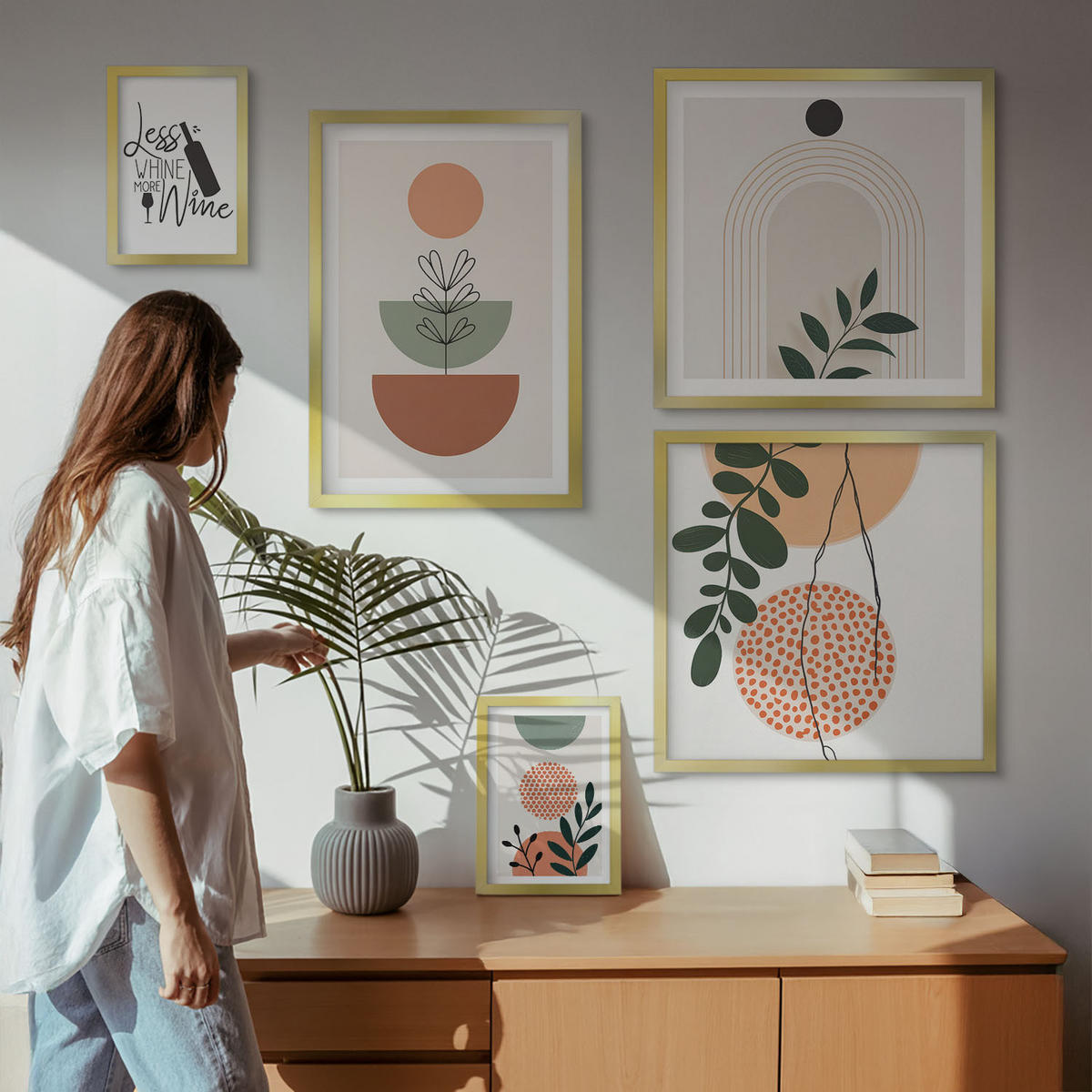 WANDBILDER 5er Set - 50x50 cm & 20x30 cm & 40x60 cm Goldrahmen - Abstrakte Pflanzenformen - Goldfarben, Kunststoff (40/60cm) - ArtPrintCave