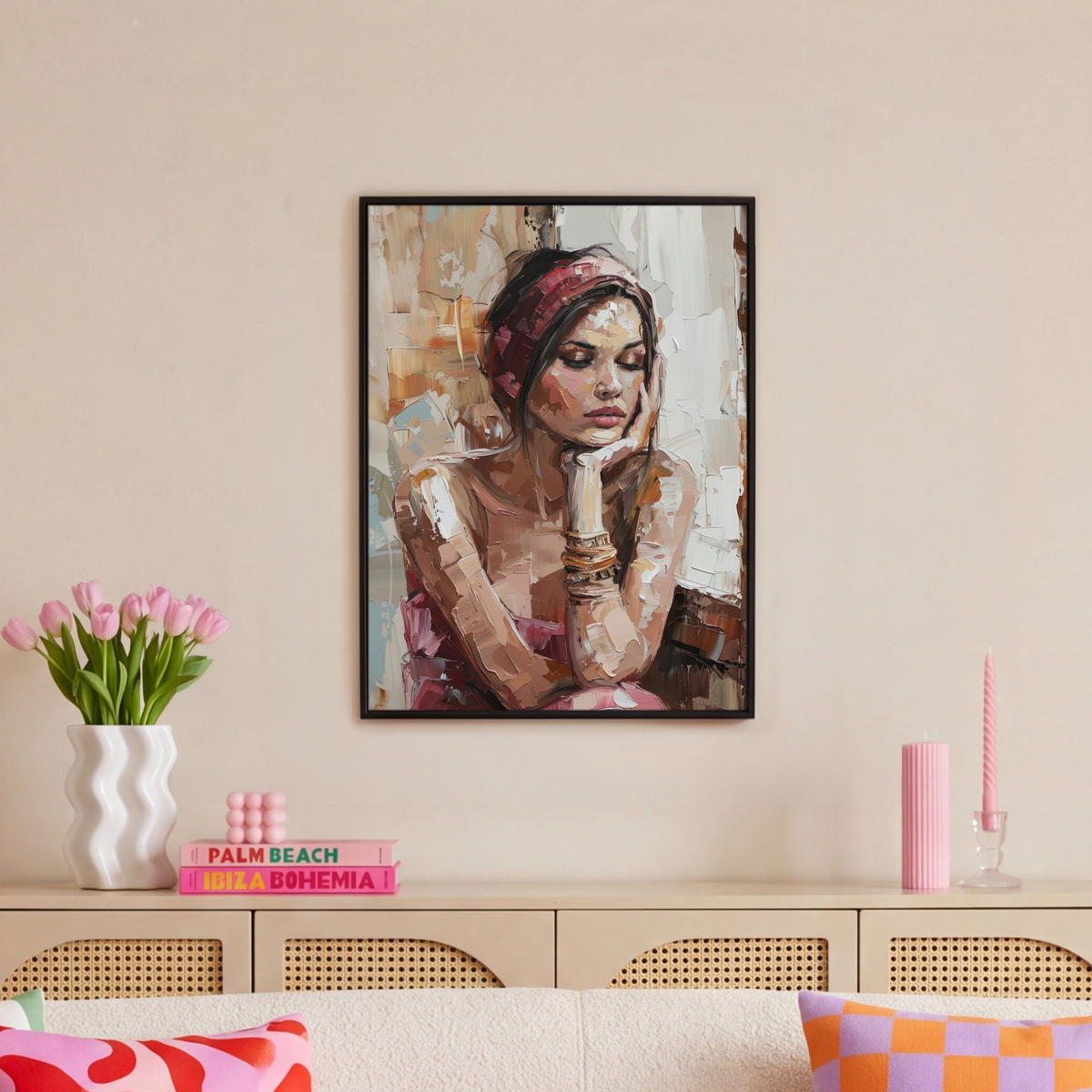 LEINWAND Bilder mit Rahmen - Frau - Lackierung - Porträt - Modern - 50x70 - Altrosa, Textil (50/70cm) - MuchoWow