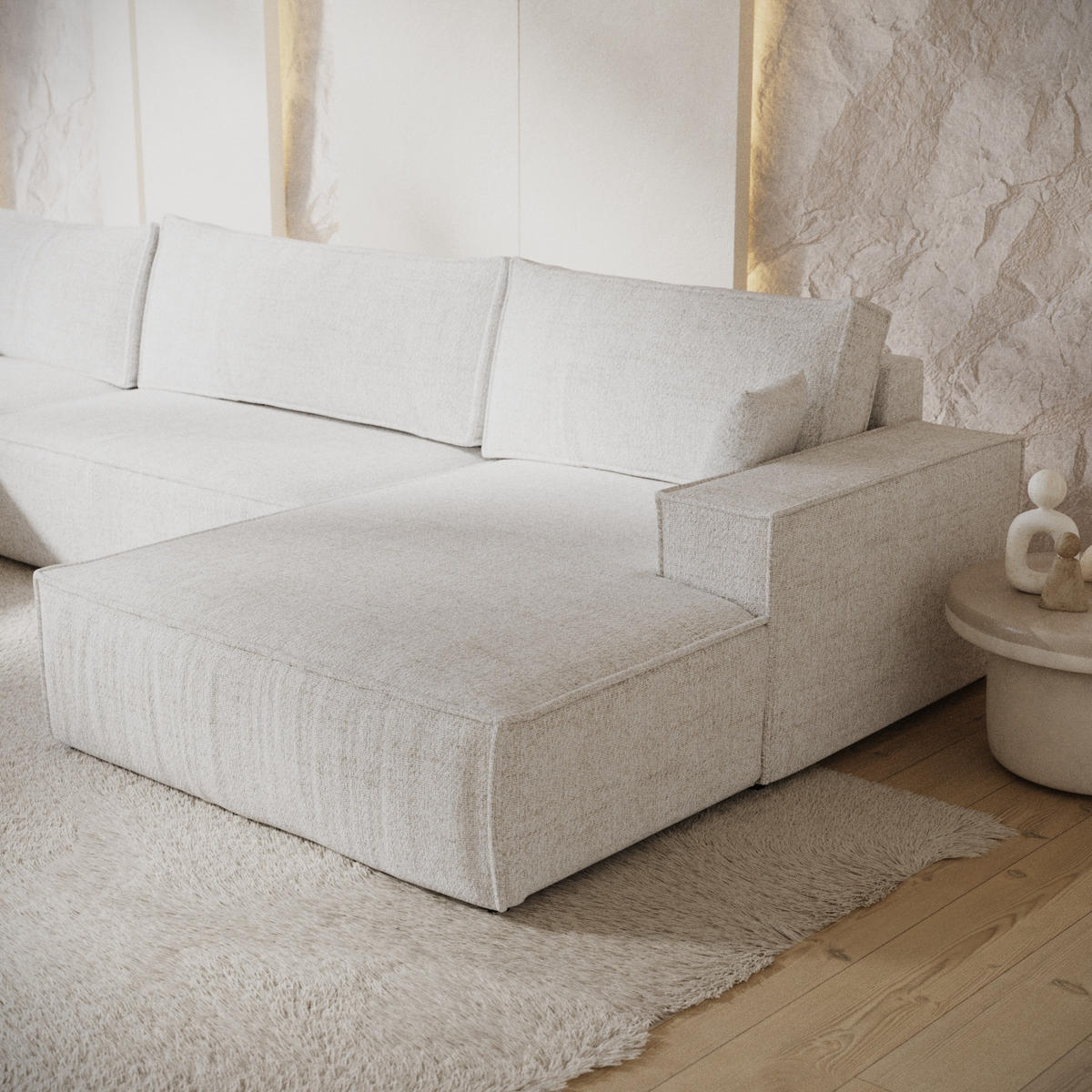 WOHNLANDSCHAFT NUBO mit Schlaffunktion Creme im Neve Stoff - Creme/Schwarz, Holz/Holzwerkstoff (398/70/148cm) - AltaBeds