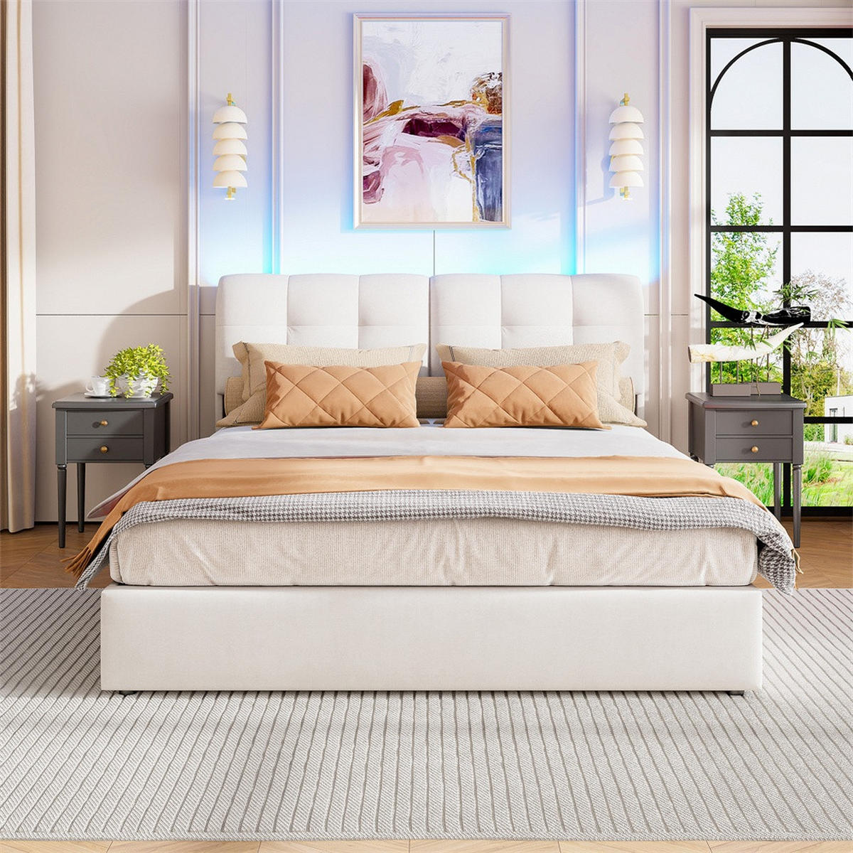 POLSTERBETT 160x200 cm mit hydraulischer Hubfunktion - Doppelbett mit LED-Beleuchtung - ohne Matratze - Cremeweiß - Beige, Textil (160/200cm) - DELFA